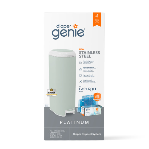 Diaper Genie Platinum Pail, Sage Green,Stainless Steel, 1 Diaper Pail,1 Easy Roll 18 Bags