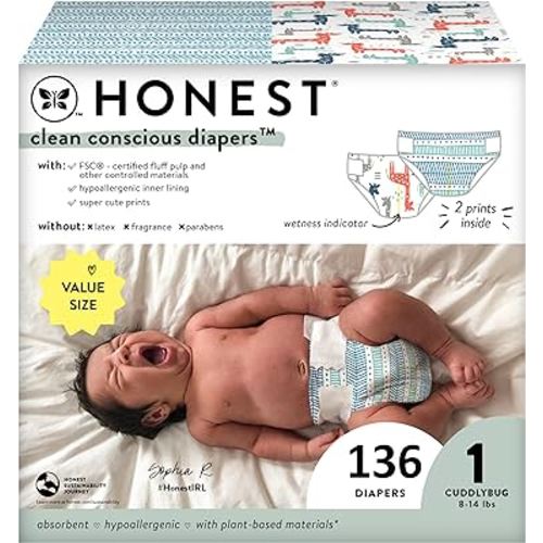 The Honest Company Clean Conscious Diapers | Plant-Based, Sustainable | Dots & Dashes + Multi-Colored Giraffes | Super Club Box, Size 1 (8-14 lbs), 136 Count