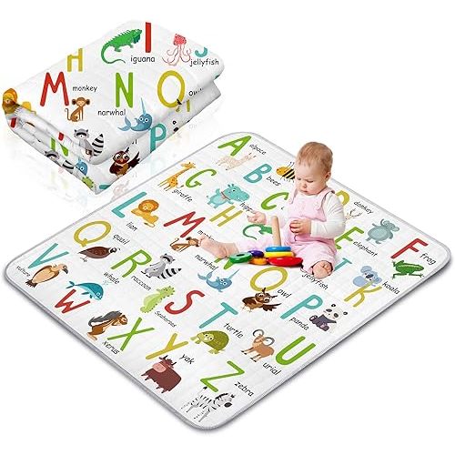 Boho Portable Baby Play Mat, 43 x 43 Inch Washable Foldable Crawling Mat, Non Slip Playmat for Babies, Kids Play Mats Pad for Floor Playpen Toddler Infants Tummy Time Activity (Letter Theme)