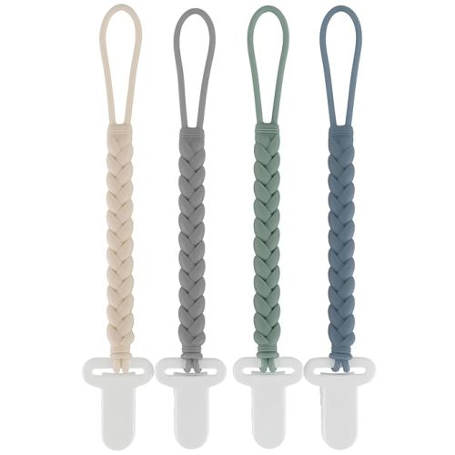 4-Pack Silicone Pacifier Clips with a Woven Rope Shape for Baby Boys and Girls - Flexible and Rust-Free Holders for Teething Relief and Baby Essentials, Safe for Newborns (Grey) - Weave, Grey