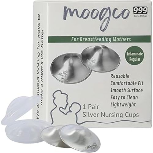 MOOGCO The Original Silver Nursing Cups - 999k Silver Nipple Cups - Nipple Shields for Breastfeeding Newborn – Protective Silver Nipple Covers for Nursing Moms (TriLaminate Regular)