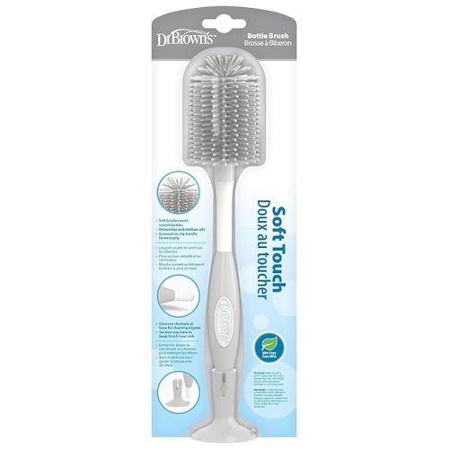 Dr. Brown's Soft Touch No Scratch Baby Bottle Cleaning Brush, Nipple Cleaner & Suction Cup Base for Easy Storage, BPA Free, Gray