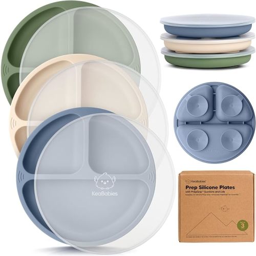 KeaBabies Suction Plates with Lids for Baby - 3-Pack 100% Silicone Toddler Plates with Suction, Divided, BPA-Free Baby Led Weaning Essentials for Kids, Dishwasher, Microwave Safe, Durable (Slate)