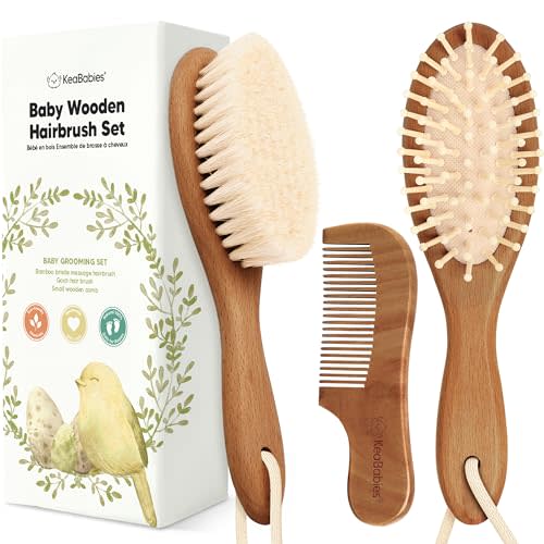 Baby Hair Brush Set for Newborns - Soft Goat Bristle Wooden Baby Brush and Comb Set Newborn Grooming Kit for Cradle Cap, Durable & Gentle, Boy, Girl Infant Essentials Care Kit (Regular, Dark Walnut)