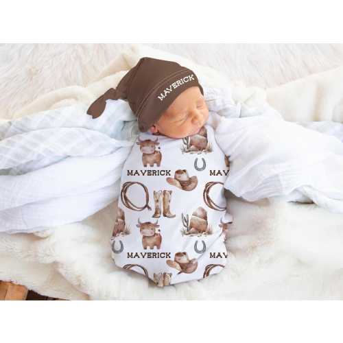 Western Boy Swaddle Set -Personalized Baby Boy Cowboy Swaddle Blanket hat set Longhorn Cowboy Newborn baby Blanket-Coming Home Outfit s374