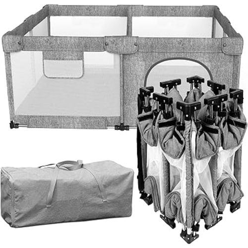 Dearlomum Foldable Baby Playpen,Collapsible Playpen for Babies and Toddlers, Extra Large Foldable Playpen for Baby with gate, Baby Activity Center with Fence, Travel Play Pen (Grey 51"×51")