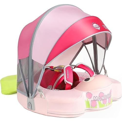 Mambobaby Float with Canopy & Portable Backpack Skin-friendly Baby Swim Float with Tail Waterproof Non-Inflatable Mambo Float Smart Swim Trainer Soft Solid Infant Pool Float 3-24 months Baby Swim Ring
