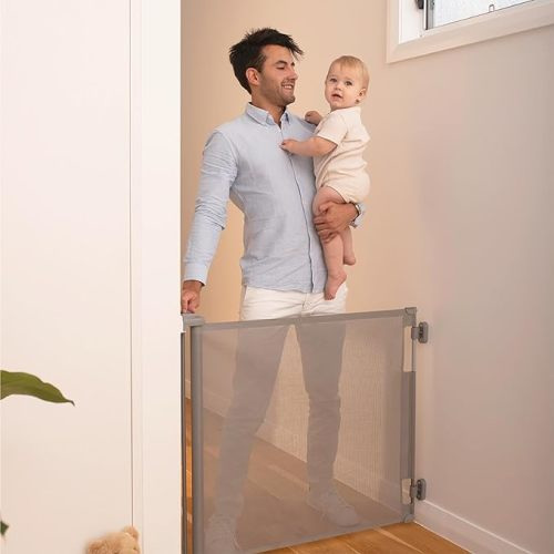 Retractable Baby Gate Perma Child Safety 33" Tall x 55” Wide, Mesh, for Stairs, Doorways, Dogs, Pets, Indoor, Outdoor, One-Handed Operation, Locking, Easy Install, Hardware Mount, Black