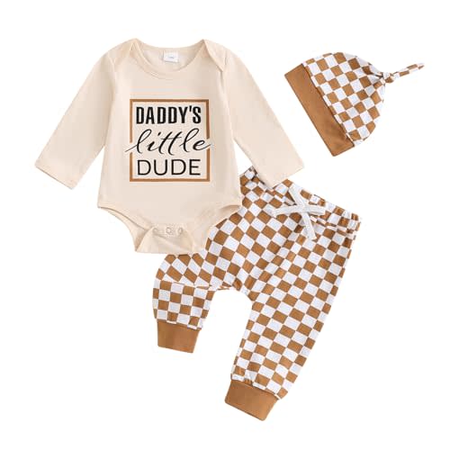 FOCUSNORM Newborn Baby Boy Outfits Long Sleeve Letter Print Romper Checkerboard Pants Hat Sets Infant Boy Fall Winter Clothes