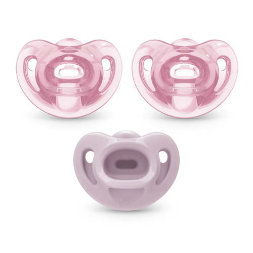 NUK Comfy 100% Medical-Grade Silicone Orthodontic Pacifiers, Pink/Purple, 0-6 Months, BPA-Free, 3-Pack