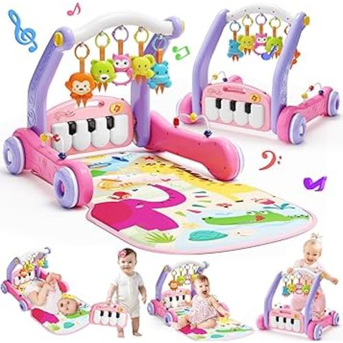 2 in 1 Baby Gym Play Mat with Walker, Kick and Play Piano Gym Activity for Boys Girls, Musical Activity Center Tummy Time Mat for 0-3-6-12-18 Months, Learning Walker Play Gym for Infant Toddler Gift