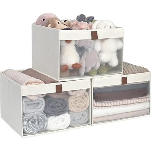 StorageWorks Closet Storage Bins with Clear Window and 2 Handles, Foldable Storage Baskets for Shelves, Extra Large Fabric Organizer, Beige, 3 Pack