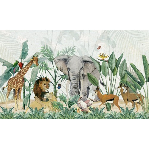 Kids Tropical Safari Animals with Green Leafs Wallpaper Mural • Wallmur®