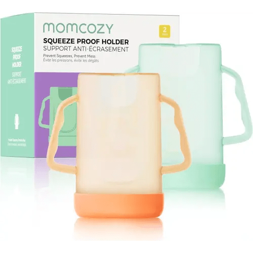 Momcozy Baby Pouch Holder No Squeeze for Food Pouches and Drink Boxes, Allows Baby to Self-feed and Avoid Messes, Baby Food Pouch Holder Handle is Easy to Grip, Comfortable, Green&Orange