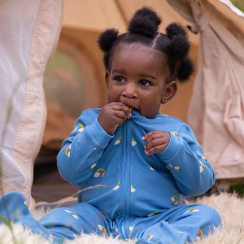 3-6 M - Blue Rainbows Zip Organic Babygrow