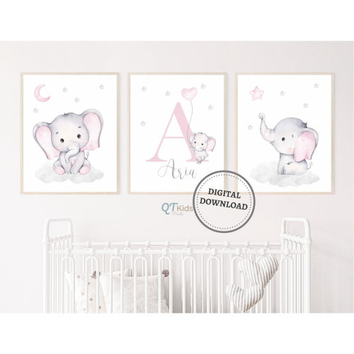 Custom Name Elephant Nursery Prints, Personalized Baby Name Prints, Girl Room Printable Wall Art, Pink Nursery Decor, DIGITAL DOWNLOAD