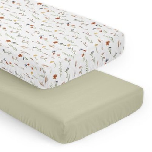 Sweet Jojo Designs Watercolor Floral Garden Green Orange and Beige Fitted Crib Sheets 2 Piece Set