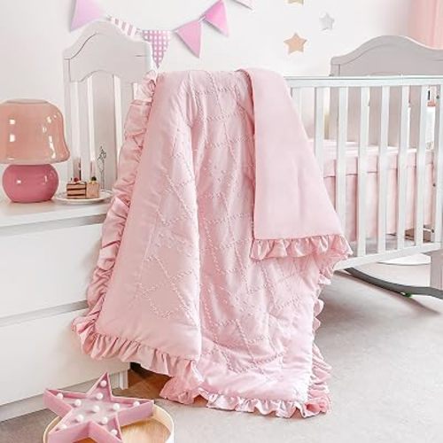 Crib Bedding Set for Girls 3-Piece Tufted Ruffle, Baby Bedding Crib Set Include Boho Crib Comforter, Crib Fitted Sheet and Crib Skirt, Pink
