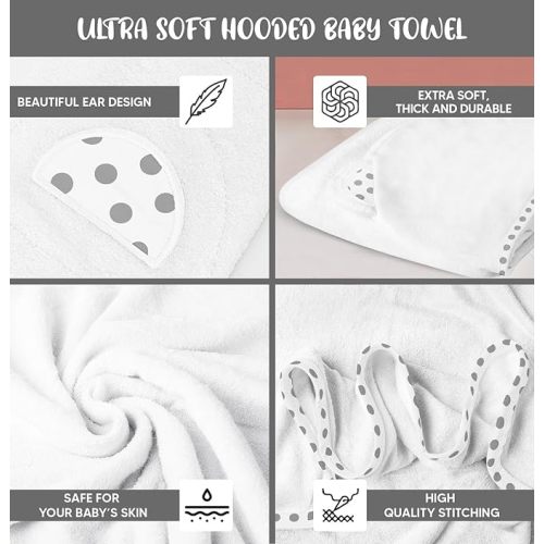 Set of 2 Hooded Baby Towels – White and Grey – Luxurious, Large and Super Absorbent – 30 x 30 Inch – Soft and Suitable for Infants, Toddlers and Kids – 400 GSM