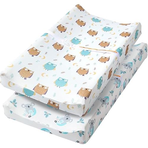Changing Table Pad Cover Elastic Changing Pad Cover Premium Baby Changing Pad Cover 2 Pack for Boys Girls Soft and Comfortable (Owl and Koala)