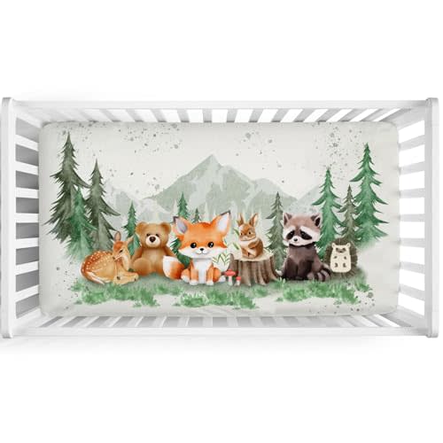 Animals Mountain Forest Baby Crib Sheets 52''x28'' Bear Raccoon Fox Deer Rabbit Hedgehog Stretchy Fitted Crib Mattress Sheet for Boy Girl Soft Bed Sheets for Standard Crib Toddler Mattress
