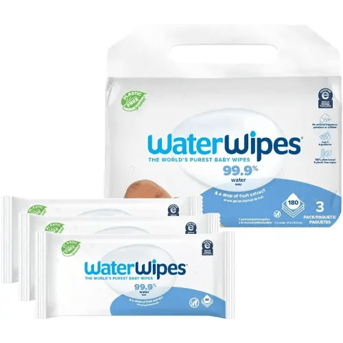 WaterWipes Plastic-Free Original Baby Wipes, 99.9% Water Based Wipes, Unscented & Hypoallergenic for Sensitive Skin, 180 Count (3 packs), Packaging May Vary