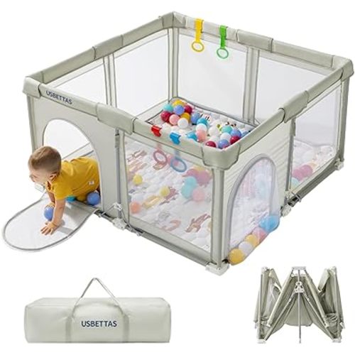 Foldable Baby Playpen, 1-Minute Setup, Lightweight Portable Playpen with Carry Bag, 50"x50" Indoor Outdoor Safty Play Yard for Babies & Toddlers,Beige