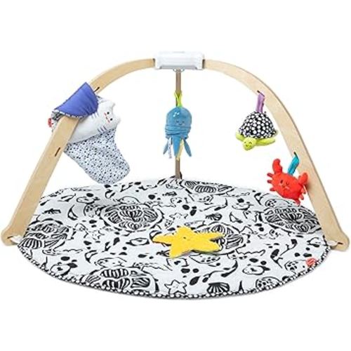 Melissa & Doug Ocean Easy-Fold Wooden Play Gym for Infants, Reversible Mat, 5 Soft Toys, Birth to 9 Months - FSC-Certified