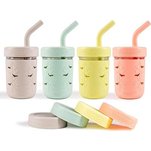Pandaloo® Mason Jar Toddler Cup - 8 oz Spill-Proof Glass Tumbler with Silicone Straw and Lid, Non-Slip Sleeve, BPA-Free Toddler Snack Cups - Perfect Smoothie Cups with Lids and Straws for Kids