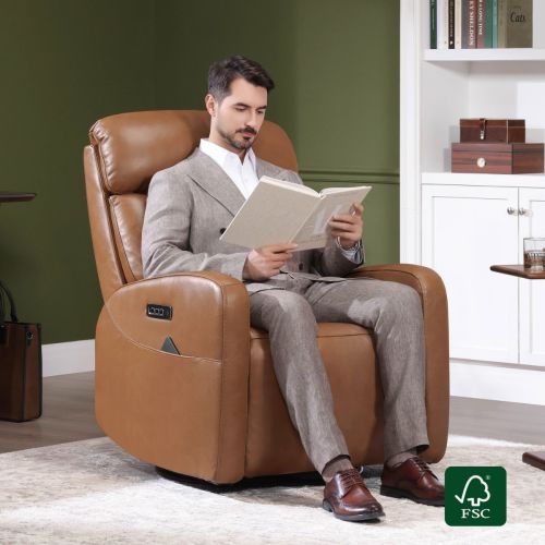 Maxwell Genuine Leather Power Swivel Glider Recliner with Power Lumbar and Headrest Support