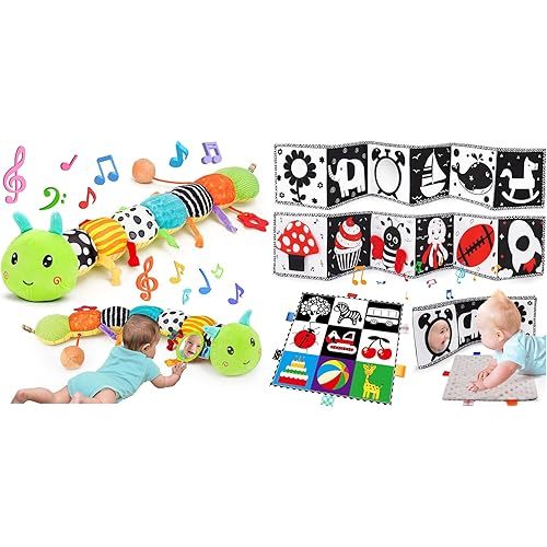 Baby Sensory Toy 0-3 Month Music Animal Stuffed Caterpillar Toy for Infant 0-3-6 Month Tummy Time with Black and White High Contrast Baby Toys 0-6-12 Months Soft Sensory Books