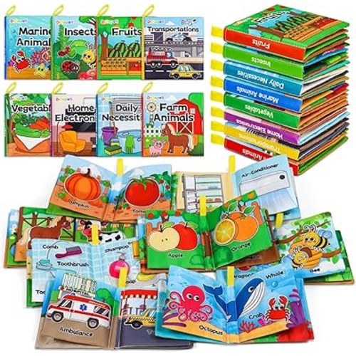 Dr.Rapeti Soft Cloth Books Baby Books Bath Books 8-Pack for Baby Infant Toddler Kid Crinkle Washable Chewable Early Educational Preschool Learning Giftable
