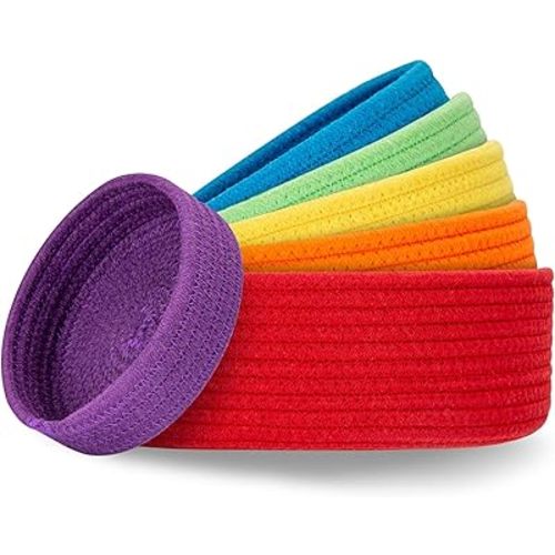 Small Shelf Storage Baskets for Organizing, 6 Pack Round Cotton Rope Bins, Decorative and Cute Woven Baskets for Bedroom and Closet, Key Tray Bowl, Home Decor Countertop Organizer (Rainbow)