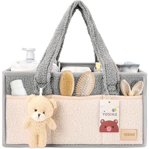 YOSING Diaper Caddy Organizer, Baby Diaper Caddy for Changing Table, Newborn Caddy for Car Travel, Nursery Storage and Car Organizer for Diapers and Baby Wipes, Gray+ White