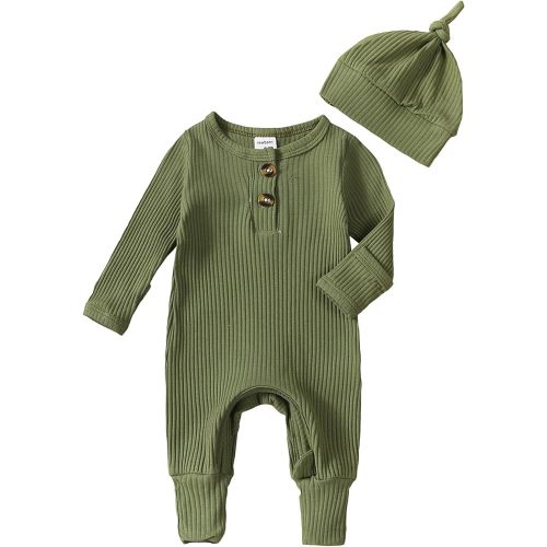 Neutral Baby Clothes Newborn Girl Boy Coming Home From Hospital Outfit Cute Ribbed Knit One-Piece Romper Jumpsuit Hat