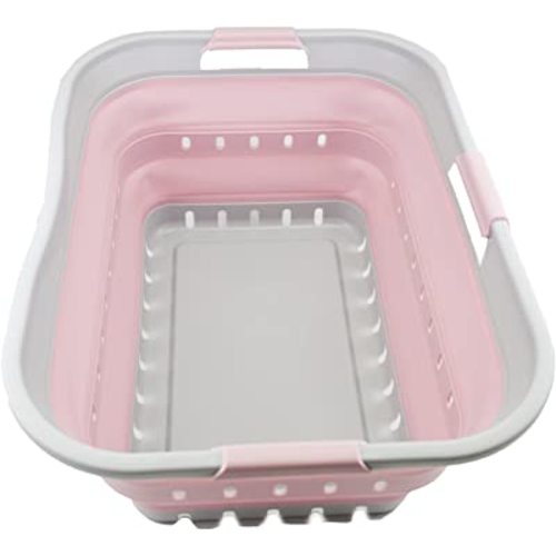SAMMART 42L (11 gallon) Collapsible Plastic Laundry Basket - Foldable Pop Up Storage Container/Organizer - Portable Washing Tub - Space Saving Hamper/Basket (Grey/Pale Pink)