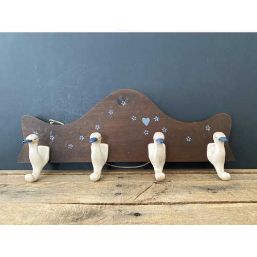 Vintage 1990s Wood Wall Hanging with Painted Blue Florals and Spongeware Ceramic Duck Peg Hooks by Katy's Country Charm by Karen