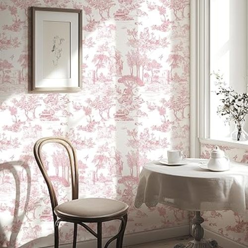 WENMER Toile Wallpaper, 17.7" X 118" Pink and White Peel and Stick Wa llpaper, Toile de Jouy Wallpaper, French Vintage Contact Paper for Bedroom, Walls, Backdrop, Cabinet, Home Decor