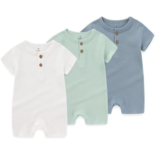 Newborn Baby Boys Girls One Piece Romper 3 Pack Short Sleeve Ribbed Button Multiple colors Jumpsuit Outfit Clothes