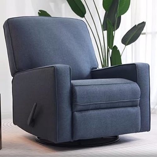 Harkawon Swivel Rocker Recliner Chair, Glider Rocker Recliner, Rocking Chairs Nursery, Fabric Chair with High Back, Deep Seat, for Living Room, Bedroom, Blue