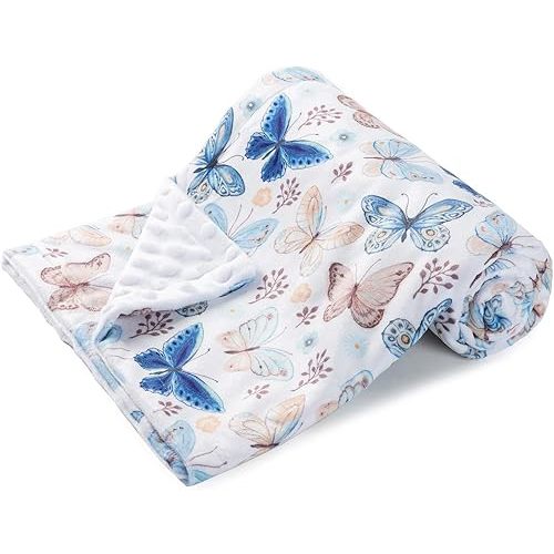 Butterfly Print Silky Micro Soft Plush Toddler Blanket, Baby Blankets for Girls, Double Layer Silky Soft Micro Fleece Baby Girl Blanket with Dotted Backing, (Butterfly, Blue, 30x40 Inches)