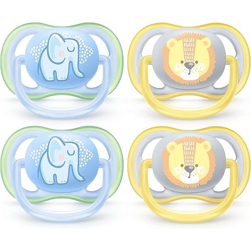 Philips AVENT Ultra Air Pacifier, 0-6 Months, Elephant,Lion, 4 Pack, SCF085/07