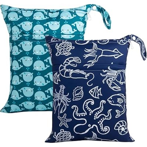 ALVABABY 2pcs Wet Dry Bags Waterproof Reusable with Two Zippered Pockets Travel Beach Pool Daycare Soiled Baby Items Yoga Gym Bag for Swimsuits or Wet Clothes LX-SW1821