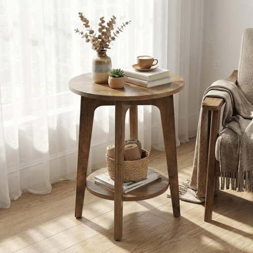 LEDREM Compact Two-Tier Round Accent Table, Tapered-Leg Side Table with Curved Accents, Holds 198lb, Quick Assembly, Space-Saving Small Sofa Table