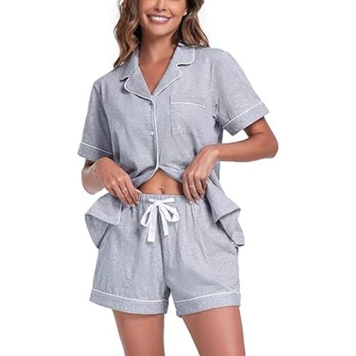 COLORFULLEAF Womens 100% Cotton Pajamas Set Short Sleeve Sleepwear Button Down Pjs Soft 2 Piece Lounge Set with Pockets S-XXL