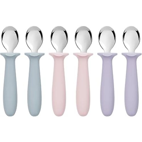 6 PCS Toddler Spoons Set - Baby Spoons with Silicone Handle Children Food Grade 18/8 Stainless Steel Toddler Utensils Set for Self Feeding Kids Silverware Set Safe Anti-Choke Design Dishwasher Safe