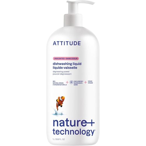 ATTITUDE Dish Soap, EWG Verified, Plant-Based & Vegan Dishwashing Liquid, Naturally Derived, Unscented, 33.8 Fl Oz