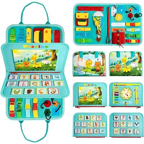 Busy Board Montessori Toys for 1 2 3 4 Year Old Boys & Girls Toddlers Preschool Spelling Tool for Basic Dress Fine Motor Skills, Educational Activities Sensory Busy Book, Travel Games Gifts