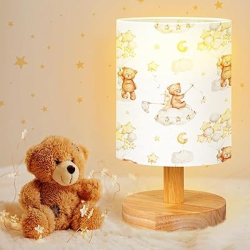 VIHOSE Bear Table Lamp for Bedroom Kids Bedside Lamp with Linen Wooden Nightstand Lamp Cartoon Nursery Lamp Lampshade for Girls Boys Living Room