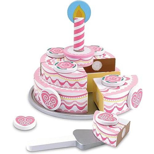 Melissa & Doug Triple-Layer Party Cake Wooden Play Food Set - Birthday Cake Pretend Food Play Set For Toddlers, Kids Ages 3+